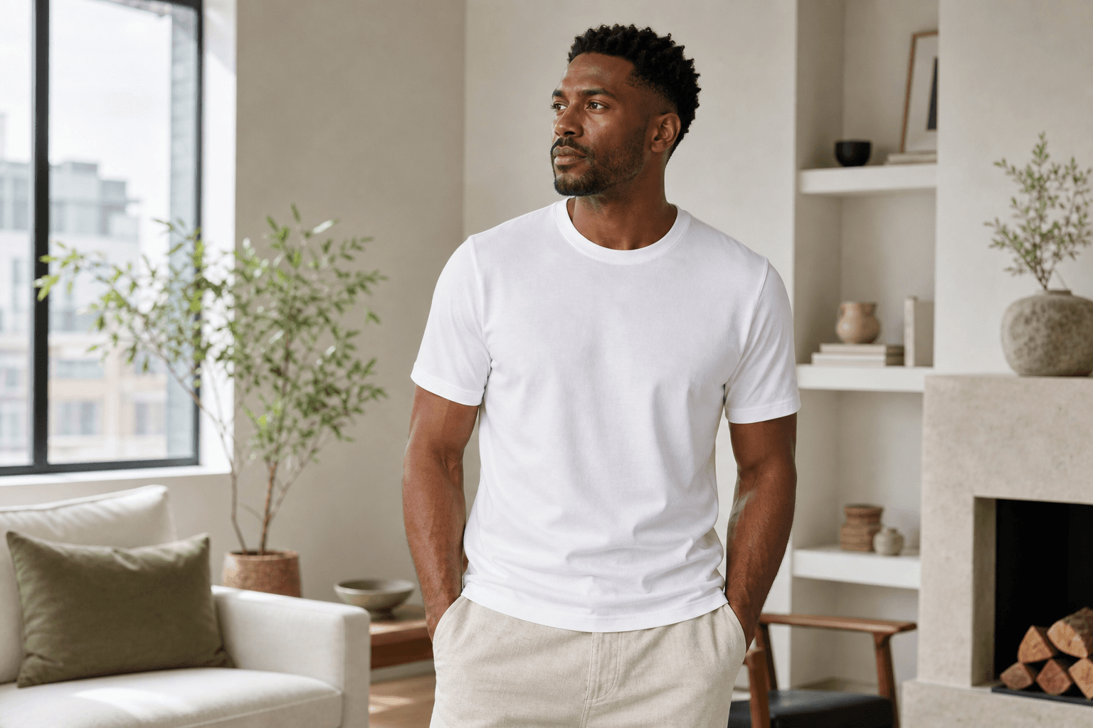 Male model wearing The First Tee white crewneck T-shirt in a bright apartment