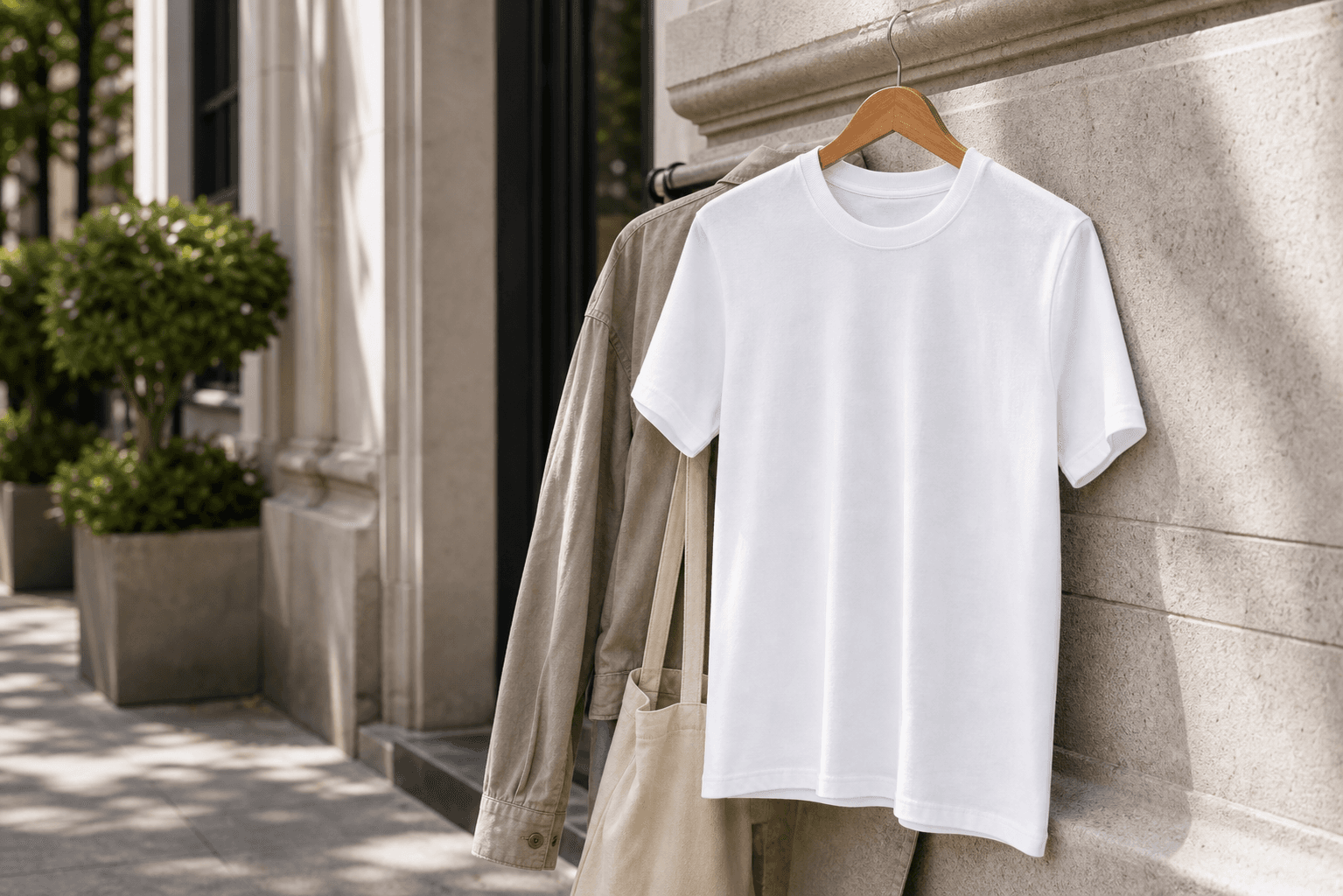 The First Tee white crewneck T-shirt hanging with a neutral city jacket
