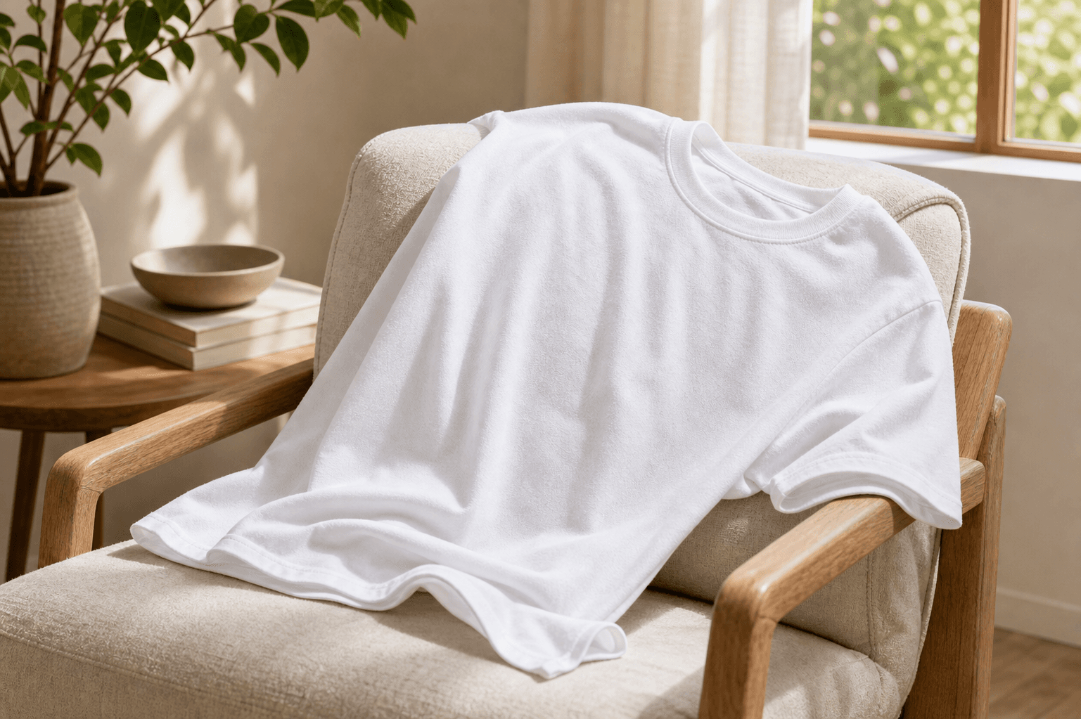 The First Tee white crewneck T-shirt casually draped over a warm home chair