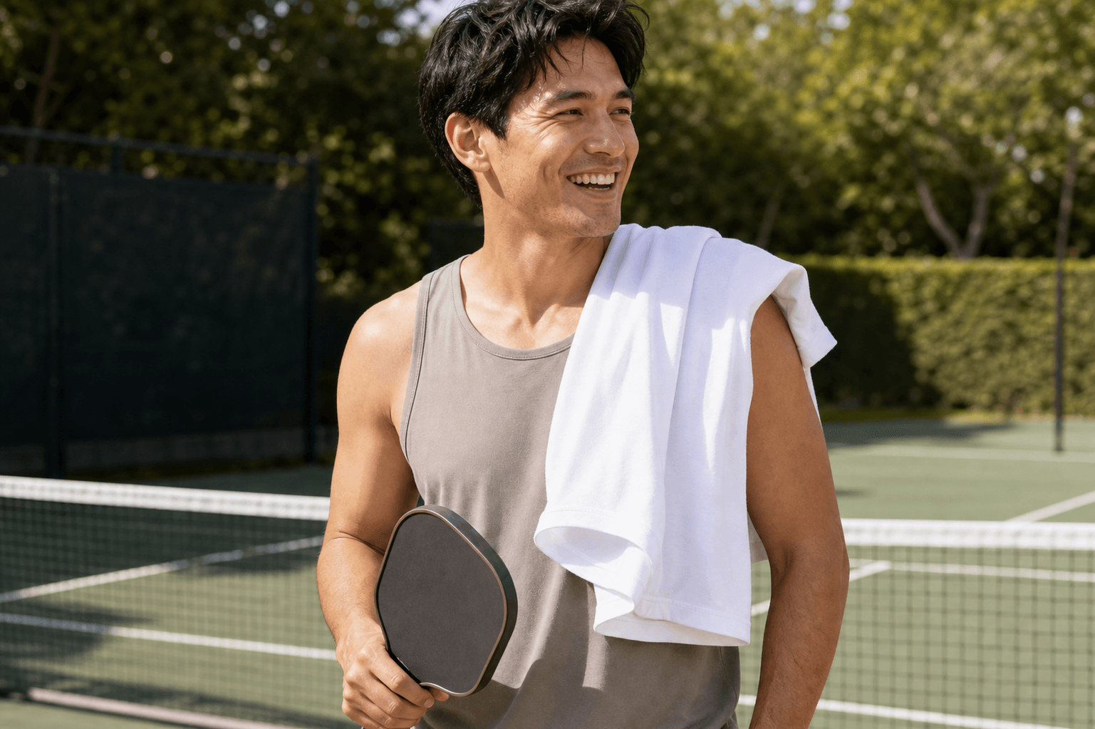 The First Tee white crewneck T-shirt draped over a laughing pickleball player's shoulder